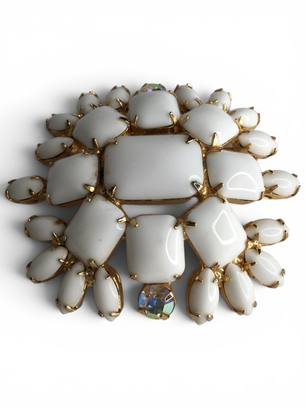 Vintage Gold-Tone Milk Glass Cabochon Floral Brooch with AB Accents - Picture 4 of 14